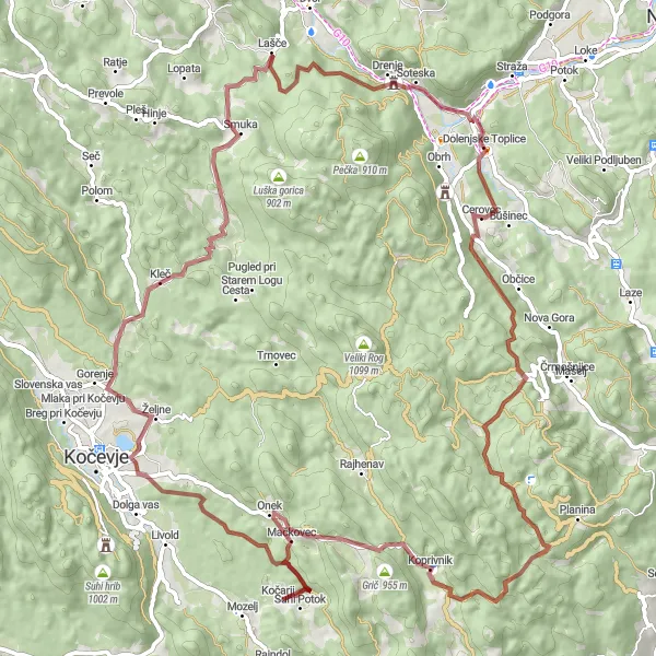 Map miniature of "The Toplice Gravel Adventure" cycling inspiration in Vzhodna Slovenija, Slovenia. Generated by Tarmacs.app cycling route planner