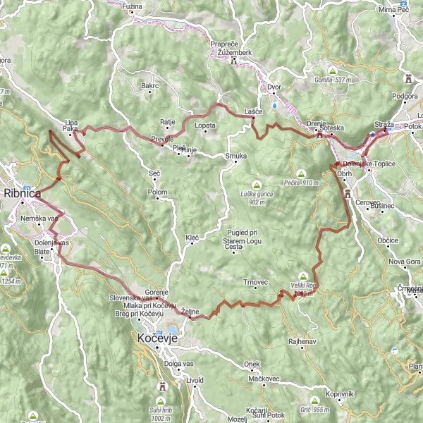 Map miniature of "Cvinger and Meniška vas Gravel Route" cycling inspiration in Vzhodna Slovenija, Slovenia. Generated by Tarmacs.app cycling route planner