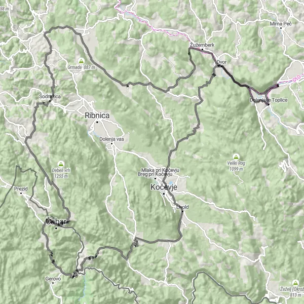 Map miniature of "Čisti vrh and Dubli vrh Road Challenge" cycling inspiration in Vzhodna Slovenija, Slovenia. Generated by Tarmacs.app cycling route planner
