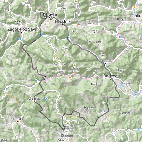 Map miniature of "Trbovlje-Kolk-Trbovlje" cycling inspiration in Vzhodna Slovenija, Slovenia. Generated by Tarmacs.app cycling route planner