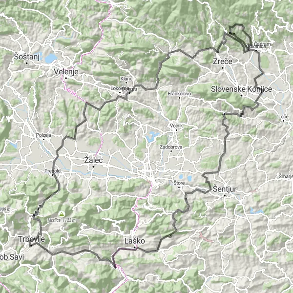 Map miniature of "Trbovlje-Krošnja-Trbovlje" cycling inspiration in Vzhodna Slovenija, Slovenia. Generated by Tarmacs.app cycling route planner