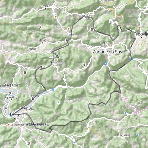 Miniaturní mapa "Cyklotrasy Ostri vrh - Breg pri Litiji - Lošč" inspirace pro cyklisty v oblasti Vzhodna Slovenija, Slovenia. Vytvořeno pomocí plánovače tras Tarmacs.app