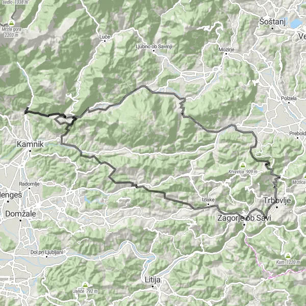 Miniaturní mapa "Gravelová jízda z Trbovlje" inspirace pro cyklisty v oblasti Vzhodna Slovenija, Slovenia. Vytvořeno pomocí plánovače tras Tarmacs.app