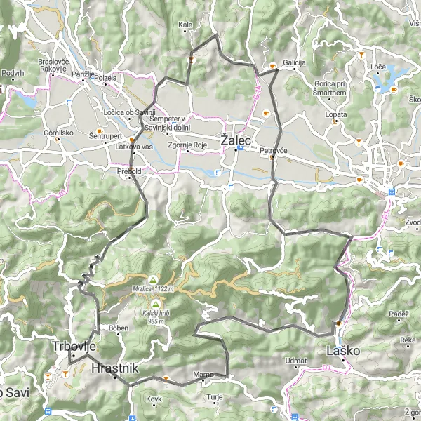 Miniatura della mappa di ispirazione al ciclismo "Giro in bicicletta per le colline intorno a Trbovlje" nella regione di Vzhodna Slovenija, Slovenia. Generata da Tarmacs.app, pianificatore di rotte ciclistiche