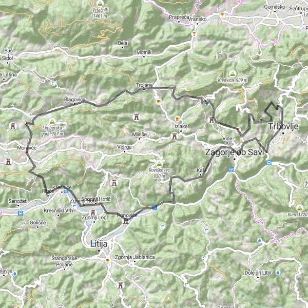 Zemljevid v pomanjšavi "Pustolovščina v Zasavju" kolesarske inspiracije v Vzhodna Slovenija, Slovenia. Generirano z načrtovalcem kolesarskih poti Tarmacs.app