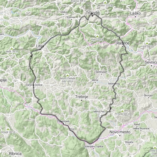 Map miniature of "Trbovlje to Žužemberk Circuit" cycling inspiration in Vzhodna Slovenija, Slovenia. Generated by Tarmacs.app cycling route planner