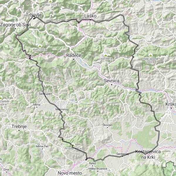 Map miniature of "Road to Šentrupert Loop" cycling inspiration in Vzhodna Slovenija, Slovenia. Generated by Tarmacs.app cycling route planner