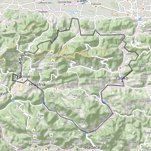 Miniatura della mappa di ispirazione al ciclismo "Percorso ciclistico panoramico da Trbovlje a Ostri vrh" nella regione di Vzhodna Slovenija, Slovenia. Generata da Tarmacs.app, pianificatore di rotte ciclistiche