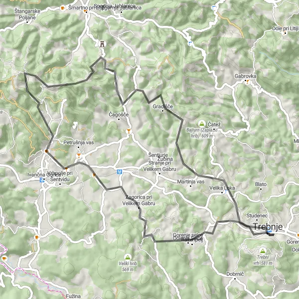 Miniaturní mapa "Cyklotrasa Trebnje - Šentlovrenc" inspirace pro cyklisty v oblasti Vzhodna Slovenija, Slovenia. Vytvořeno pomocí plánovače tras Tarmacs.app