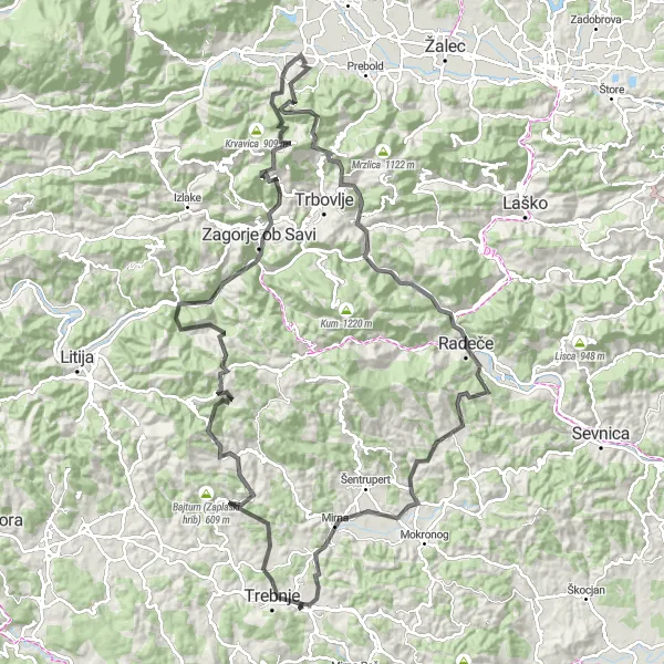 Miniaturní mapa "Náročná silniční trasa kolem Trebnje" inspirace pro cyklisty v oblasti Vzhodna Slovenija, Slovenia. Vytvořeno pomocí plánovače tras Tarmacs.app