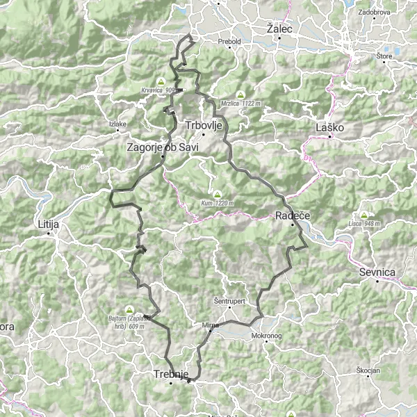 Zemljevid v pomanjšavi "Trebnje - Dolenja Nemška vas" kolesarske inspiracije v Vzhodna Slovenija, Slovenia. Generirano z načrtovalcem kolesarskih poti Tarmacs.app