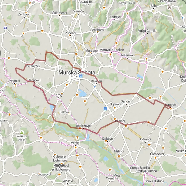 Karten-Miniaturansicht der Radinspiration "Abenteuer auf Schotterwegen um Turnišče" in Vzhodna Slovenija, Slovenia. Erstellt vom Tarmacs.app-Routenplaner für Radtouren