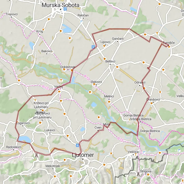 Miniaturní mapa "Traversing scenic gravel paths around Turnišče" inspirace pro cyklisty v oblasti Vzhodna Slovenija, Slovenia. Vytvořeno pomocí plánovače tras Tarmacs.app