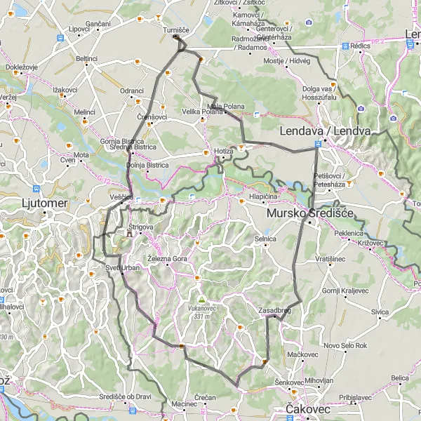 Zemljevid v pomanjšavi "Scenic road tour to Goričko sviralo" kolesarske inspiracije v Vzhodna Slovenija, Slovenia. Generirano z načrtovalcem kolesarskih poti Tarmacs.app