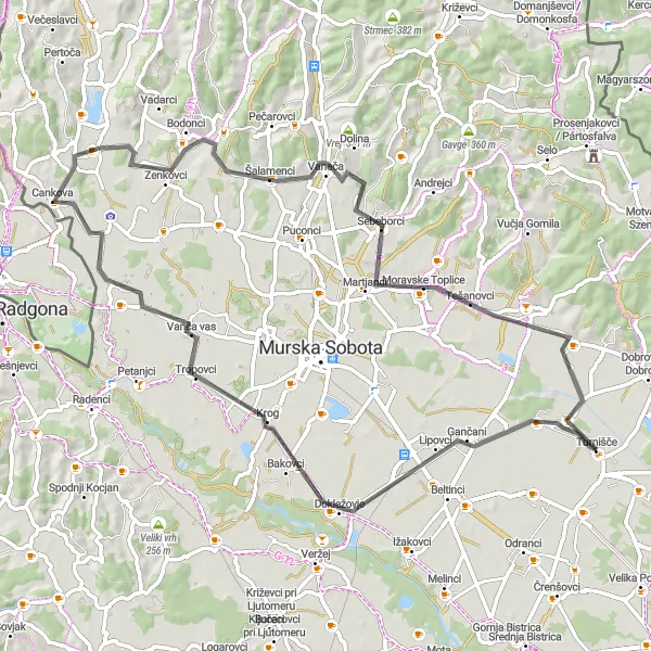 Map miniature of "Gančani Gravel Adventure" cycling inspiration in Vzhodna Slovenija, Slovenia. Generated by Tarmacs.app cycling route planner