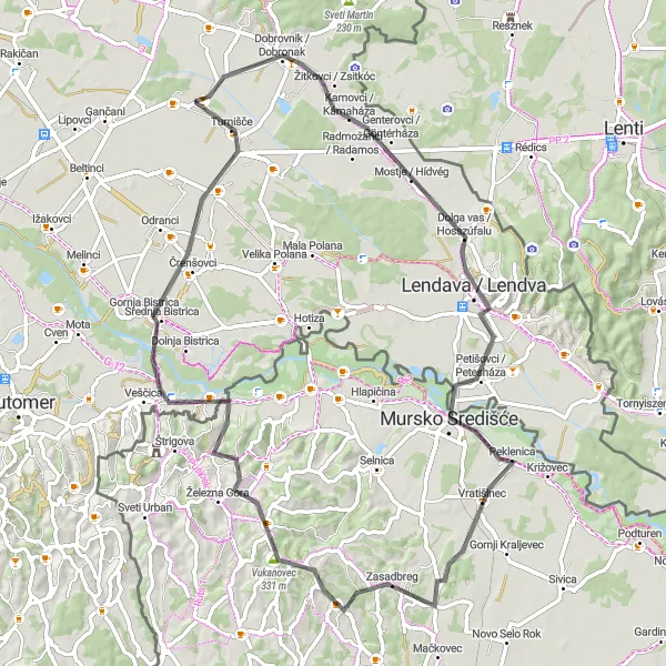 Map miniature of "The Mursko Središce Loop" cycling inspiration in Vzhodna Slovenija, Slovenia. Generated by Tarmacs.app cycling route planner