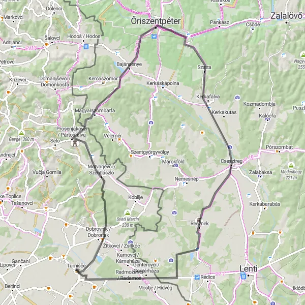 Miniaturní mapa "Okruh kolem Motvarjevci / Szentlászló, Bajánsenye, Balla-hegy a Csesztreg" inspirace pro cyklisty v oblasti Vzhodna Slovenija, Slovenia. Vytvořeno pomocí plánovače tras Tarmacs.app