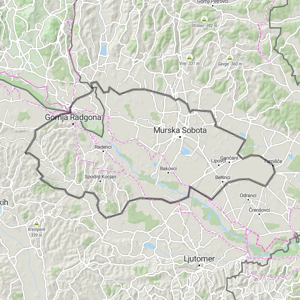 Miniatura della mappa di ispirazione al ciclismo "Avventura ciclistica tra Beltinci e Bad Radkersburg" nella regione di Vzhodna Slovenija, Slovenia. Generata da Tarmacs.app, pianificatore di rotte ciclistiche