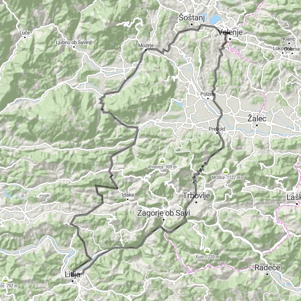 Map miniature of "Challenging Road Cycling Routes near Velenje" cycling inspiration in Vzhodna Slovenija, Slovenia. Generated by Tarmacs.app cycling route planner