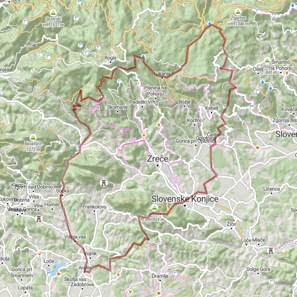 Map miniature of "The Valleys and Peaks of Eastern Slovenia" cycling inspiration in Vzhodna Slovenija, Slovenia. Generated by Tarmacs.app cycling route planner
