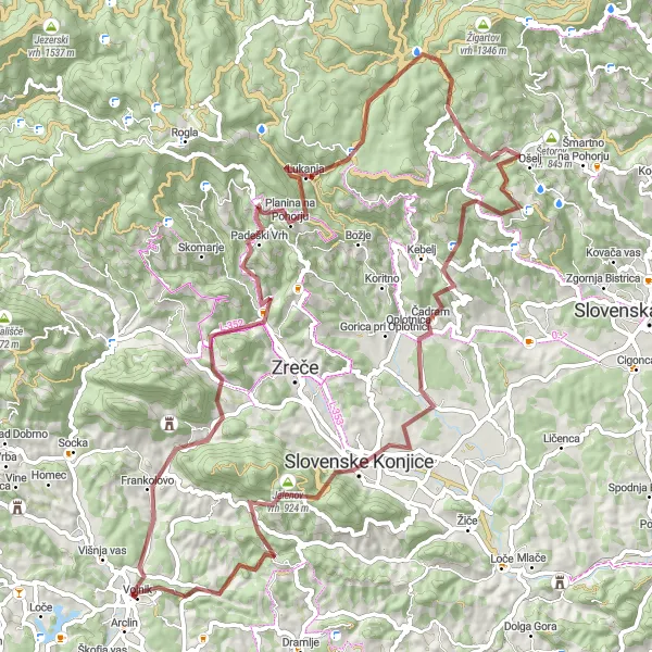 Karten-Miniaturansicht der Radinspiration "Gravelroute Vojnik Rundfahrt" in Vzhodna Slovenija, Slovenia. Erstellt vom Tarmacs.app-Routenplaner für Radtouren