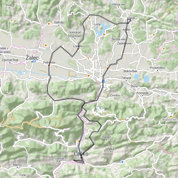 Miniatura della mappa di ispirazione al ciclismo "Percorso in bici intorno a Vojnik - Road Experience" nella regione di Vzhodna Slovenija, Slovenia. Generata da Tarmacs.app, pianificatore di rotte ciclistiche