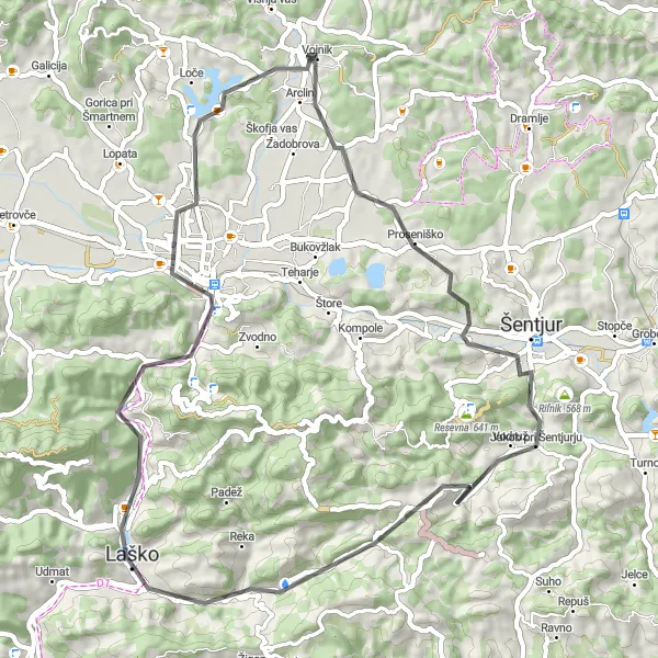 Miniaturní mapa "Road trasa přes Šentjur a Prekorje" inspirace pro cyklisty v oblasti Vzhodna Slovenija, Slovenia. Vytvořeno pomocí plánovače tras Tarmacs.app