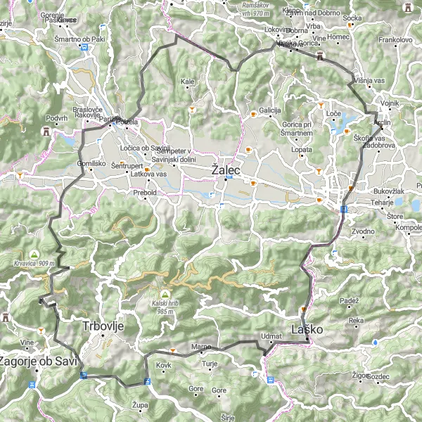 Miniatura della mappa di ispirazione al ciclismo "Road Route da Vojnik a Dobrna attraverso Laško" nella regione di Vzhodna Slovenija, Slovenia. Generata da Tarmacs.app, pianificatore di rotte ciclistiche