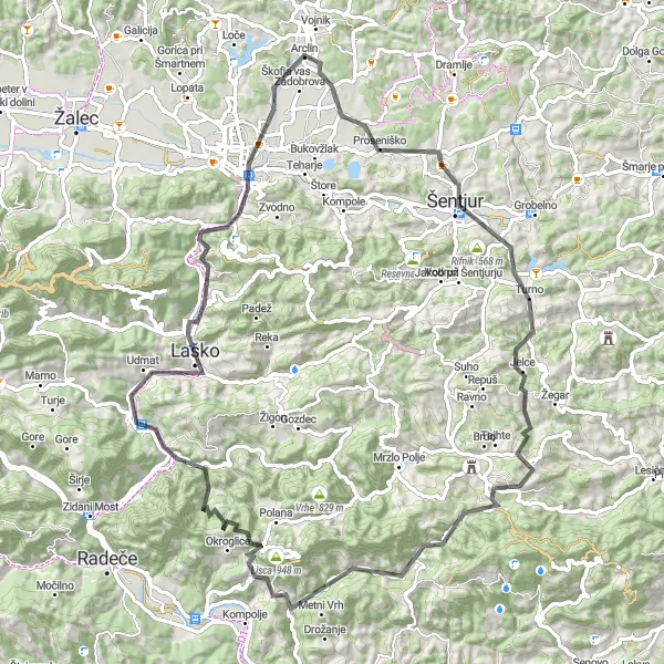 Miniatura della mappa di ispirazione al ciclismo "Road Route da Vojnik a Lovrenc attraverso Celje" nella regione di Vzhodna Slovenija, Slovenia. Generata da Tarmacs.app, pianificatore di rotte ciclistiche