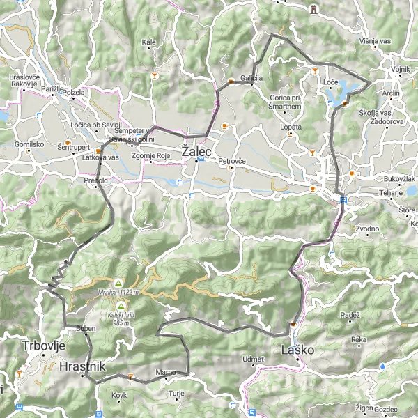 Zemljevid v pomanjšavi "Vesela vožnja skozi Celje in Šmartno v Rožni dolini" kolesarske inspiracije v Vzhodna Slovenija, Slovenia. Generirano z načrtovalcem kolesarskih poti Tarmacs.app