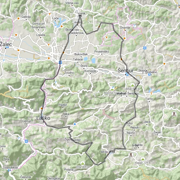 Map miniature of "Hidden Villages and Historical Sites" cycling inspiration in Vzhodna Slovenija, Slovenia. Generated by Tarmacs.app cycling route planner