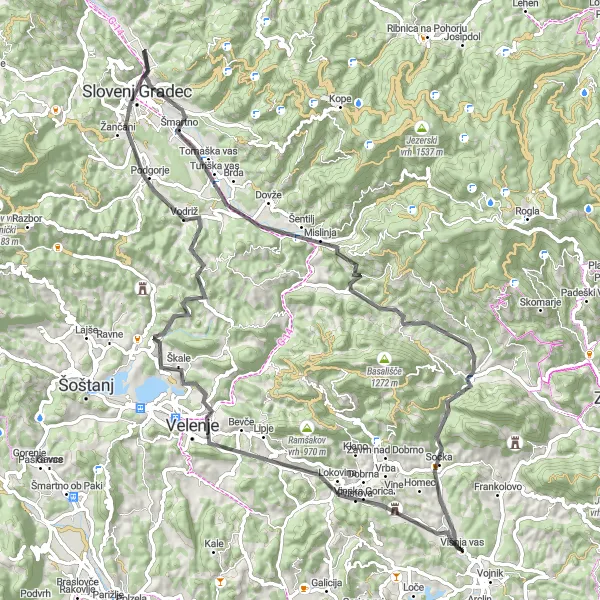 Miniaturní mapa "Slovenj Gradec Loop" inspirace pro cyklisty v oblasti Vzhodna Slovenija, Slovenia. Vytvořeno pomocí plánovače tras Tarmacs.app