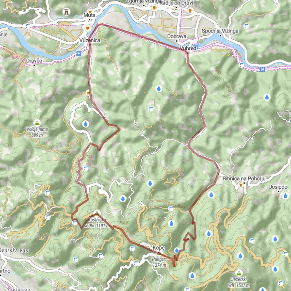 Map miniature of "Gravel Escape: Vuzenica Exploration" cycling inspiration in Vzhodna Slovenija, Slovenia. Generated by Tarmacs.app cycling route planner