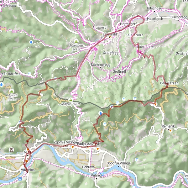 Map miniature of "Vuzenica Gravel Adventure" cycling inspiration in Vzhodna Slovenija, Slovenia. Generated by Tarmacs.app cycling route planner