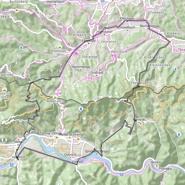 Map miniature of "Cycling in Muta" cycling inspiration in Vzhodna Slovenija, Slovenia. Generated by Tarmacs.app cycling route planner