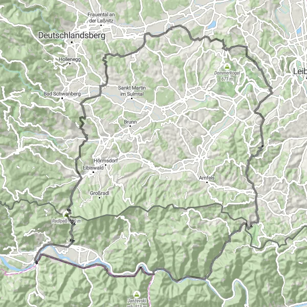 Map miniature of "Passionate Journey: Vuzenica and the Surrounding Mountains" cycling inspiration in Vzhodna Slovenija, Slovenia. Generated by Tarmacs.app cycling route planner