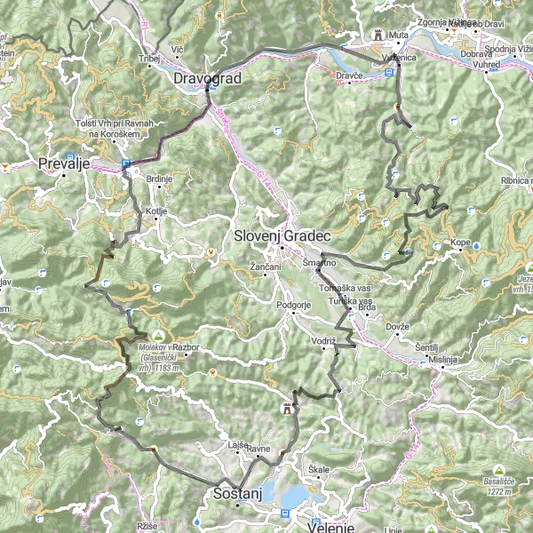 Map miniature of "Vuzenica Round-Trip Cycling Route" cycling inspiration in Vzhodna Slovenija, Slovenia. Generated by Tarmacs.app cycling route planner