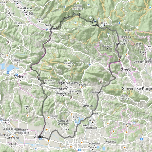 Miniatura della mappa di ispirazione al ciclismo "Giro delle vette di montagna da Žalec" nella regione di Vzhodna Slovenija, Slovenia. Generata da Tarmacs.app, pianificatore di rotte ciclistiche