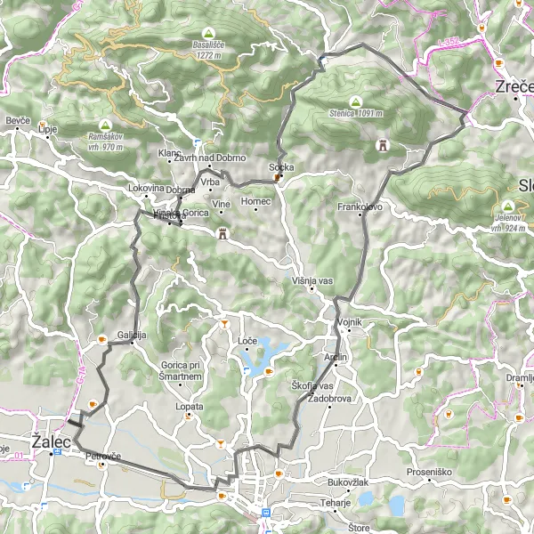 Karten-Miniaturansicht der Radinspiration "Rundfahrt um Žalec" in Vzhodna Slovenija, Slovenia. Erstellt vom Tarmacs.app-Routenplaner für Radtouren