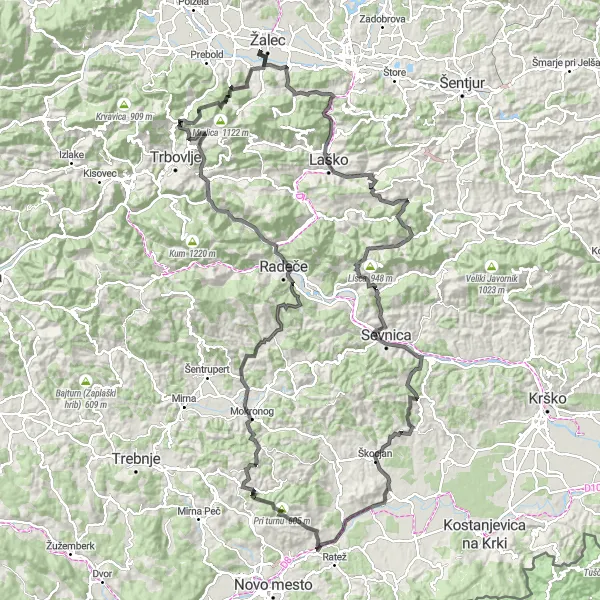 Map miniature of "Mountains and Valleys Gravel Expedition" cycling inspiration in Vzhodna Slovenija, Slovenia. Generated by Tarmacs.app cycling route planner