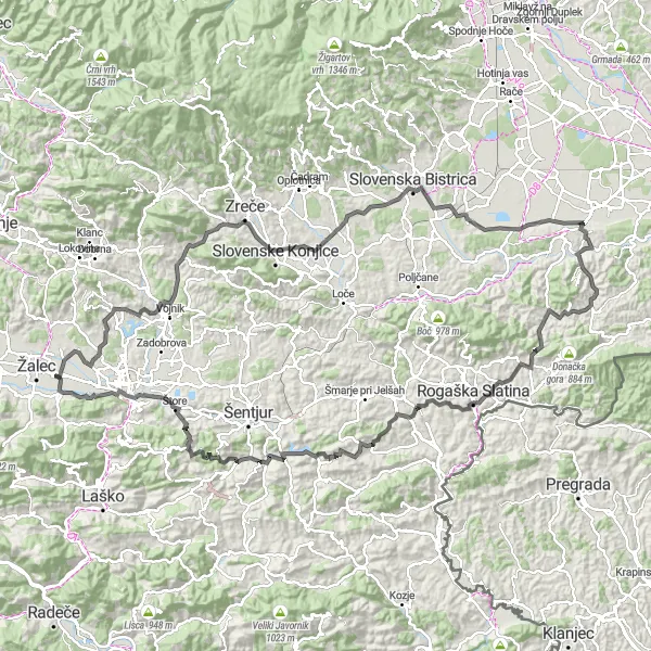 Miniatura della mappa di ispirazione al ciclismo "Tour ciclistico attraverso Vojnik e Sestrže" nella regione di Vzhodna Slovenija, Slovenia. Generata da Tarmacs.app, pianificatore di rotte ciclistiche