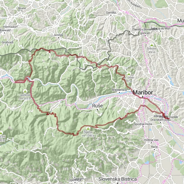 Map miniature of "Epic Gravel Adventure from Zgornji Duplek" cycling inspiration in Vzhodna Slovenija, Slovenia. Generated by Tarmacs.app cycling route planner
