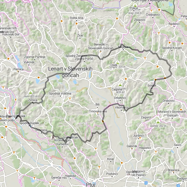 Map miniature of "Gentle Slopes Scenic Ride" cycling inspiration in Vzhodna Slovenija, Slovenia. Generated by Tarmacs.app cycling route planner