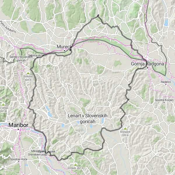 Map miniature of "Slovenian Hill Adventure" cycling inspiration in Vzhodna Slovenija, Slovenia. Generated by Tarmacs.app cycling route planner