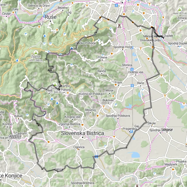 Map miniature of "Majestic Mountain Challenge" cycling inspiration in Vzhodna Slovenija, Slovenia. Generated by Tarmacs.app cycling route planner