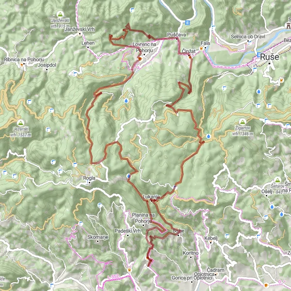 Zemljevid v pomanjšavi "Gravel avantura po Pohorju" kolesarske inspiracije v Vzhodna Slovenija, Slovenia. Generirano z načrtovalcem kolesarskih poti Tarmacs.app