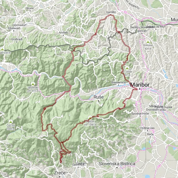 Zemljevid v pomanjšavi "Pohorje Panorama" kolesarske inspiracije v Vzhodna Slovenija, Slovenia. Generirano z načrtovalcem kolesarskih poti Tarmacs.app