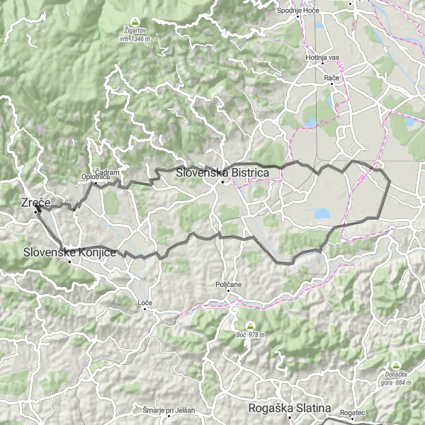 Map miniature of "The Vineyard Valleys" cycling inspiration in Vzhodna Slovenija, Slovenia. Generated by Tarmacs.app cycling route planner