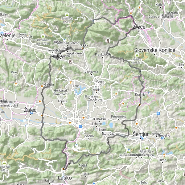 Map miniature of "The Ultimate Mountain Challenge" cycling inspiration in Vzhodna Slovenija, Slovenia. Generated by Tarmacs.app cycling route planner