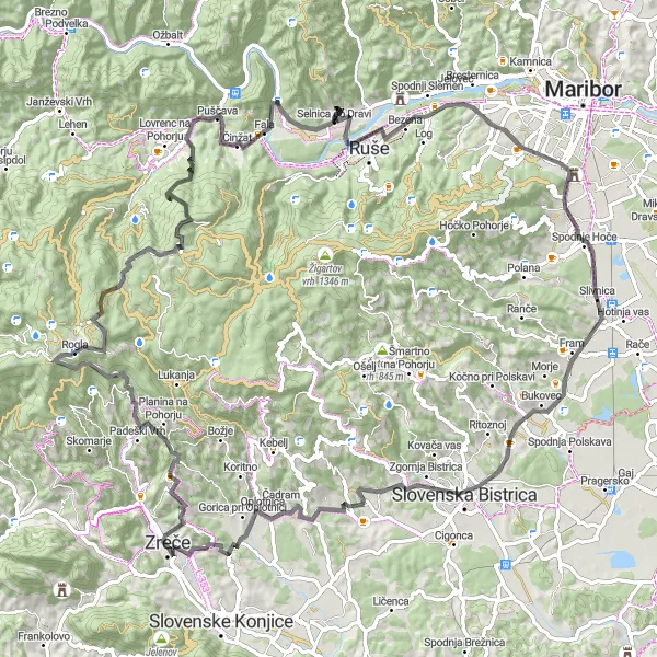 Map miniature of "Route through Zreče and its Surroundings" cycling inspiration in Vzhodna Slovenija, Slovenia. Generated by Tarmacs.app cycling route planner